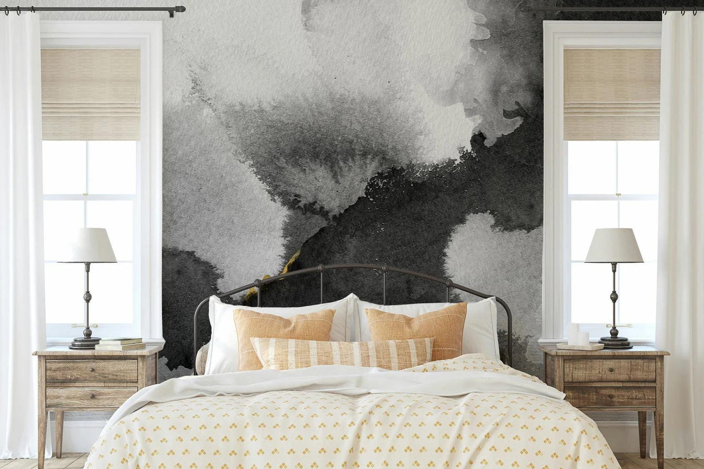 White Black Brush Effect Wallpaper, Boho Style Pattern Wallpaper, Monochrome Wallpaper, Watercolor Wallpaper, Abstract Pattern Wallpaper