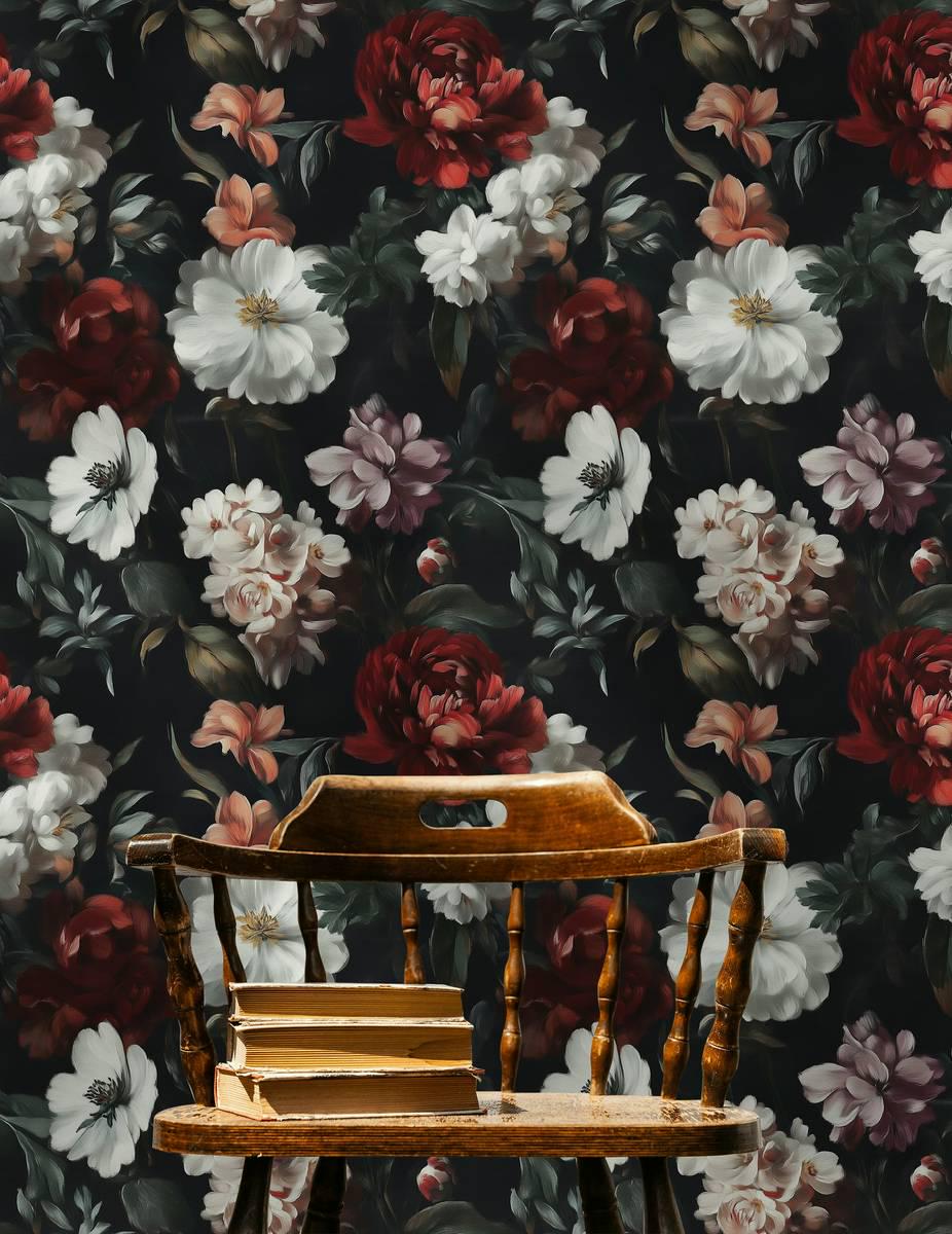 Elegant Evening Garden Wallpaper, Spring Flowers Wallpaper, Darkness Floral Painting Wallpaper, Romantic Mural, Blooming Drawing Wallpaper
