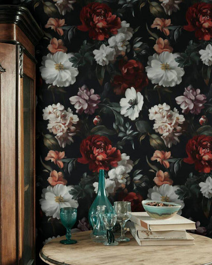 Elegant Evening Garden Wallpaper, Spring Flowers Wallpaper, Darkness Floral Painting Wallpaper, Romantic Mural, Blooming Drawing Wallpaper