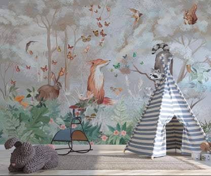 Red Fox and Forest Animals Wallpaper, Animals for Kidsroom, Children and Baby Wallpaper, Painting Wallpaper Nursery, Drawing Kids Wallpaper