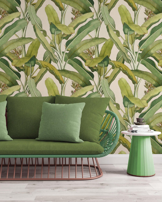Banana Palm Leaves Green Plant Leaves Wallpaper, Bohemian Wallpaper, Leaf Mural, Botany Peel and Stick Wallpaper, Stylish Room Design