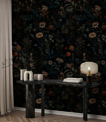 Elegant Botanical Floral Wallpaper, Dark Background, Sunflowers, Poppies, Daisies, Leaves, Hand Painted Wallpaper, Darkness Floral Wallpaper