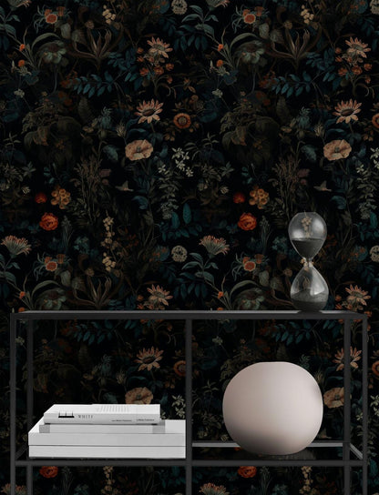 Elegant Botanical Floral Wallpaper, Dark Background, Sunflowers, Poppies, Daisies, Leaves, Hand Painted Wallpaper, Darkness Floral Wallpaper