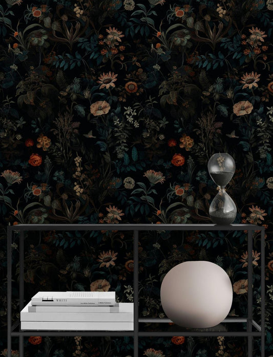 Elegant Botanical Floral Wallpaper, Dark Background, Sunflowers, Poppies, Daisies, Leaves, Hand Painted Wallpaper, Darkness Floral Wallpaper
