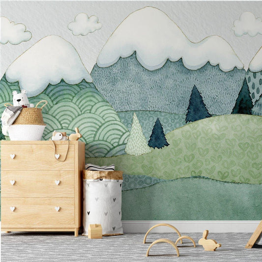 Illustration Mountain 3D Kids Wallpaper, Green Wall Poster, Drawwing Child Wallpaper, Funny Baby Wallpaper, Colourful Watercolor Nursery