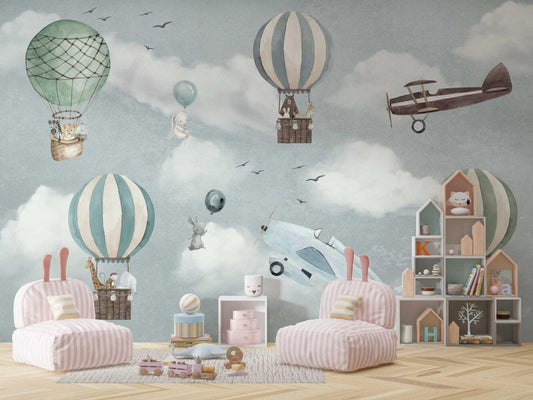 Animals Flying in Balloons Wallpaper, Sky Wallpaper For Kidsroom, Cute Animals Wallpaper Nursery, Blue Kids Wallpaper, Clouds Baby Wallpaper