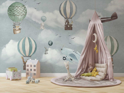 Animals Flying in Balloons Wallpaper, Sky Wallpaper For Kidsroom, Cute Animals Wallpaper Nursery, Blue Kids Wallpaper, Clouds Baby Wallpaper