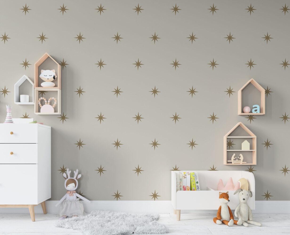 Star Pattern Wallpaper with Beige Background For Kidsroom, Wallpaper Nursery, Child Wallpaper, Sky Baby Wallpaper, Bright Kids Wallpaper
