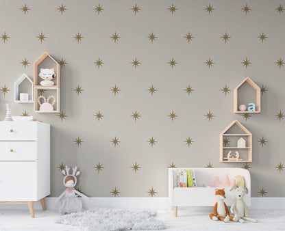 Star Pattern Wallpaper with Beige Background For Kidsroom, Wallpaper Nursery, Child Wallpaper, Sky Baby Wallpaper, Bright Kids Wallpaper