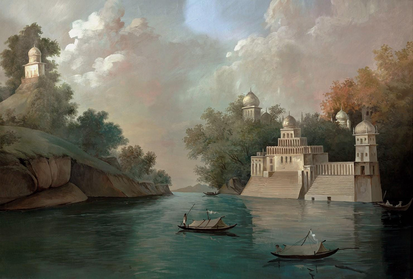 Historical Buildings by the Lake Wallpaper, Bohemian Wallpaper, Vintage Nature Wallpaper, Ancient Building Pattern Nostalgic Wallpaper