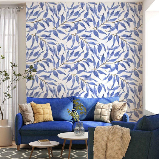 Blue Leaves Watercolor Wallpaper, Bohemian Wallpaper, Leaf Mural, Botany Peel and Stick Wallpaper, Stylish Room Design, Blue Ivy Wallpaper