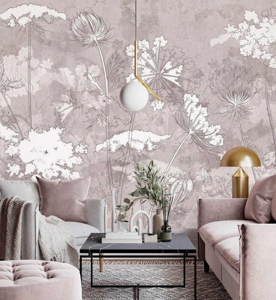 Wildflowers Wallpaper, Floral Wallpaper, Soft Color Romantic Wall Mural, Peel and Stick Wallpaper, Drawing Wallpaper, Flowers Wallpaper