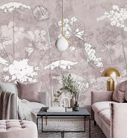 Wildflowers Wallpaper, Floral Wallpaper, Soft Color Romantic Wall Mural, Peel and Stick Wallpaper, Drawing Wallpaper, Flowers Wallpaper