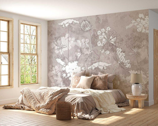 Wildflowers Wallpaper, Floral Wallpaper, Soft Color Romantic Wall Mural, Peel and Stick Wallpaper, Drawing Wallpaper, Flowers Wallpaper