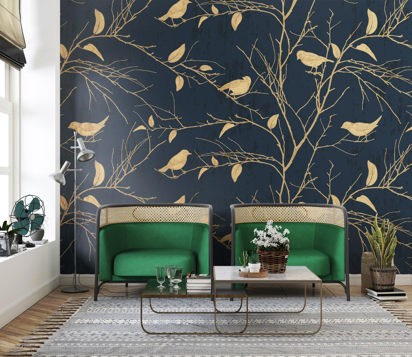Yellow Birds Chinese Pattern Wallpaper, Nature Illustration Wallpaper, Botany Mural, Peel and Stick Wallpaper, Stylish Room Design
