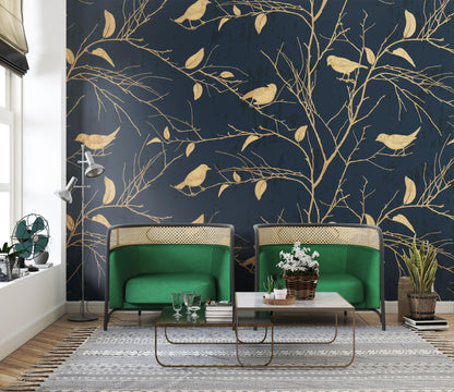 Yellow Birds Chinese Pattern Wallpaper, Nature Illustration Wallpaper, Botany Mural, Peel and Stick Wallpaper, Stylish Room Design
