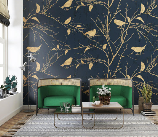 Yellow Birds Chinese Pattern Wallpaper, Nature Illustration Wallpaper, Botany Mural, Peel and Stick Wallpaper, Stylish Room Design