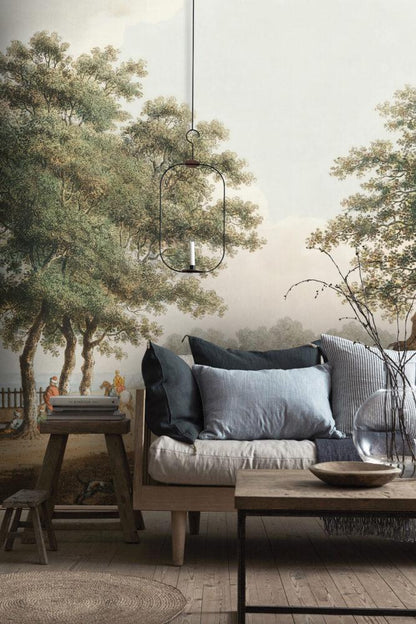 Soft Tone City Drawing Wallpaper with Distressed Texture, Bohemian Wallpaper, Ancient Building Pattern Wallpaper, Nature Nostalgic Wallpaper