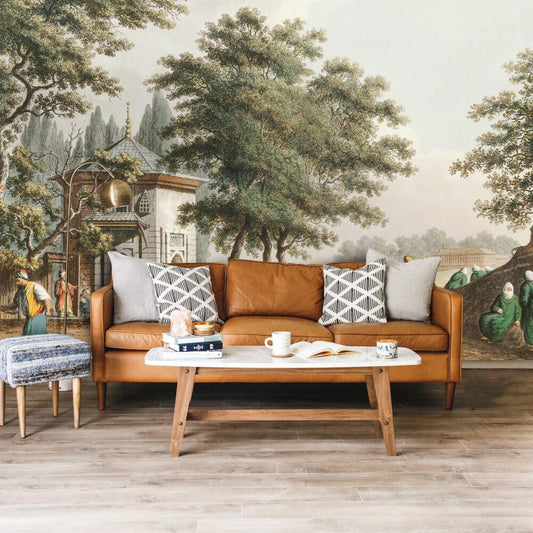 Soft Tone City Drawing Wallpaper with Distressed Texture, Bohemian Wallpaper, Ancient Building Pattern Wallpaper, Nature Nostalgic Wallpaper