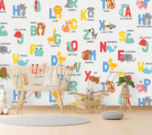 Alphabet and Letters with Cute Animals Kids Wallpaper, Learning to Read Wallpaper For Kidsroom, Animals Wallpaper Nursery, Baby Wallpaper