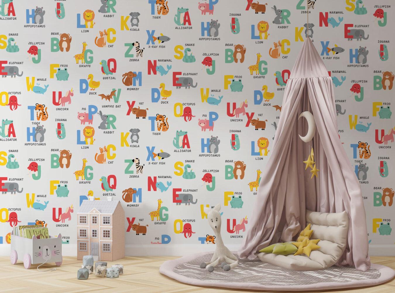 Alphabet and Letters with Cute Animals Kids Wallpaper, Learning to Read Wallpaper For Kidsroom, Animals Wallpaper Nursery, Baby Wallpaper