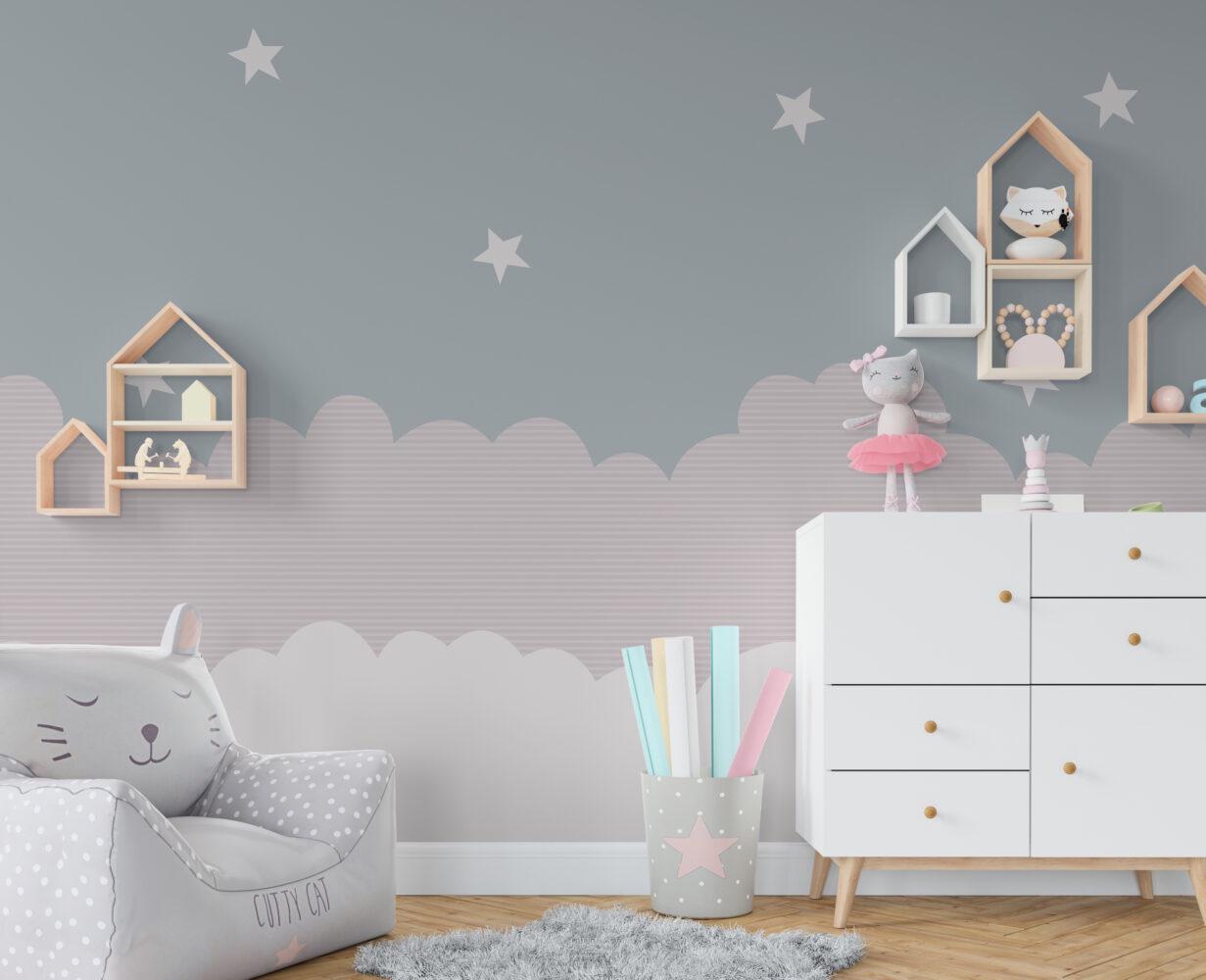 Cloud And Star Patterned Kids Wallpaper, Wallpaper Nursery, Child Wallpaper, Sky Baby Wallpaper, Cloudy Wallpaper, Wallpaper for School