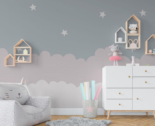 Cloud And Star Patterned Kids Wallpaper, Wallpaper Nursery, Child Wallpaper, Sky Baby Wallpaper, Cloudy Wallpaper, Wallpaper for School