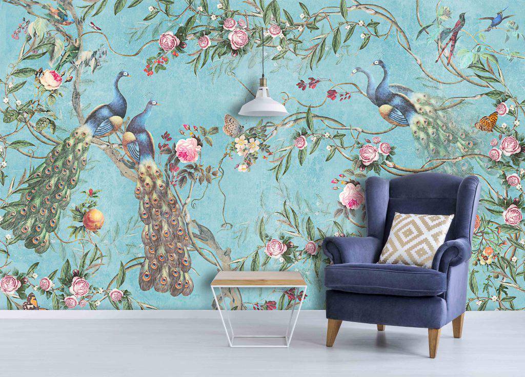 Peacocks in Rose Garden Wallpaper with Turquoise Background, Vintage Floral Pattern Wallpaper, Romantic Mural, Elegant Chinoiserie Wallpaper