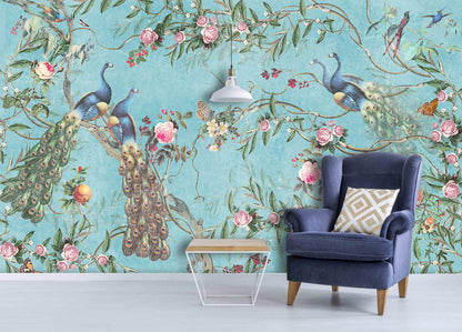 Peacocks in Rose Garden Wallpaper with Turquoise Background, Vintage Floral Pattern Wallpaper, Romantic Mural, Elegant Chinoiserie Wallpaper