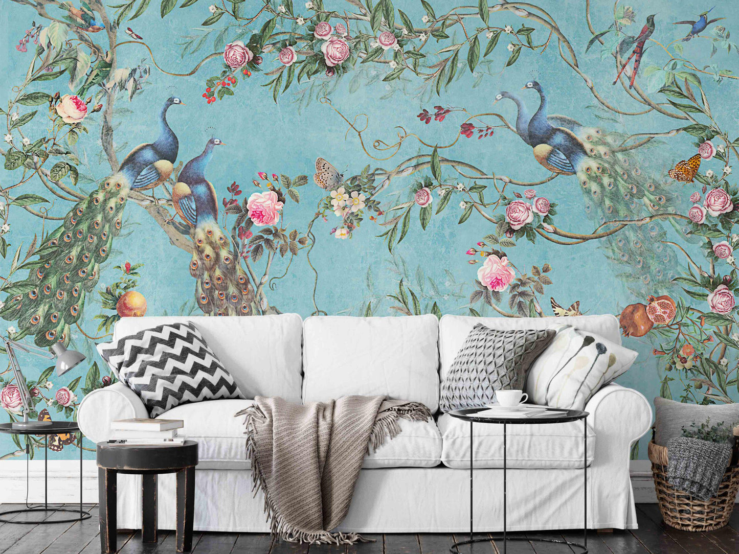 Peacocks in Rose Garden Wallpaper with Turquoise Background, Vintage Floral Pattern Wallpaper, Romantic Mural, Elegant Chinoiserie Wallpaper