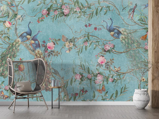 Peacocks in Rose Garden Wallpaper with Turquoise Background, Vintage Floral Pattern Wallpaper, Romantic Mural, Elegant Chinoiserie Wallpaper