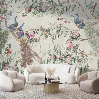 Peacocks in Rose Garden Wallpaper with Beige Background, Vintage Floral Pattern Wallpaper, Romantic Mural, Elegant Chinoiserie Wallpaper