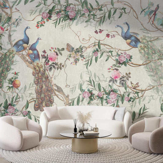 Peacocks in Rose Garden Wallpaper with Beige Background, Vintage Floral Pattern Wallpaper, Romantic Mural, Elegant Chinoiserie Wallpaper