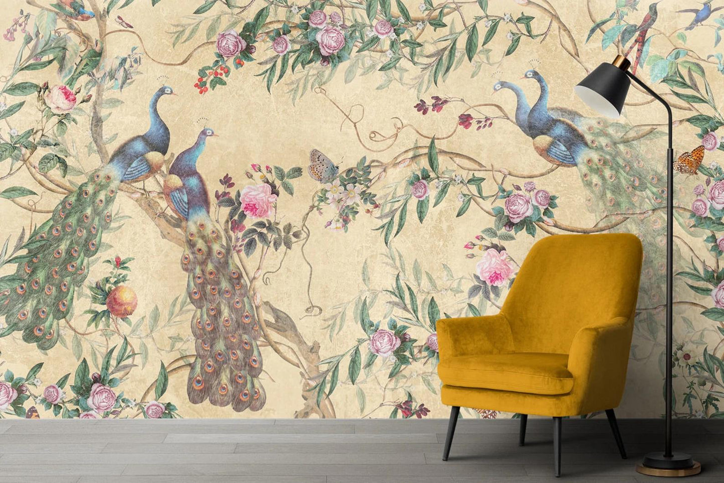 Peacocks in Rose Garden Wallpaper with Yellow Beige Background, Vintage Floral Wallpaper, Romantic Mural, Elegant Chinoiserie Wallpaper