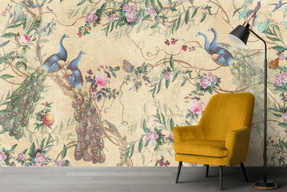Peacocks in Rose Garden Wallpaper with Yellow Beige Background, Vintage Floral Wallpaper, Romantic Mural, Elegant Chinoiserie Wallpaper