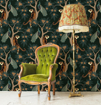 Tigers With Exotic Trees Wallpaper, Dark Botanical Wallpaper, Black Wallpaper, Green Exotic Plants on Black Background Wallpaper