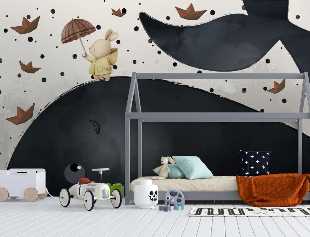 3D Kid's Wallpaper with Big Whale and Rabbit, Underwater Wallpaper For Kidsroom, Sea Wallpaper Nursery, Childrens Tale Wallpaper