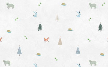 3D Wallpaper with Animals and Trees Pattern on a White Background, illustration Wallpaper Nursery, Fun Watercolor Wallpaper for Kids