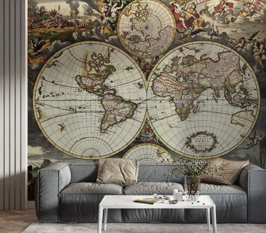 3D Wallpaper with Map of Civilization History Artifacts, Historical Themed Map Wallpaper, Ancient Bohemian Wallpaper, Drawwing Wallpaper