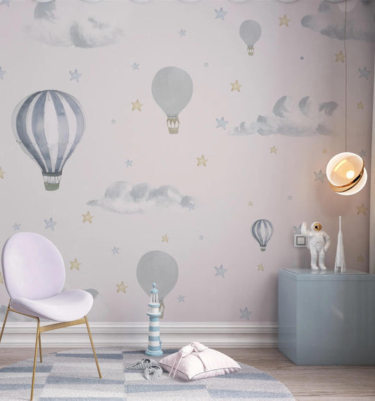 Blue Balloons in The Sky Kids Wallpaper, Sky Child Wallpaper, Cute Wallpaper Nursery, Blue Baby Boy Wallpaper, Clouds and Stars Wall Poster