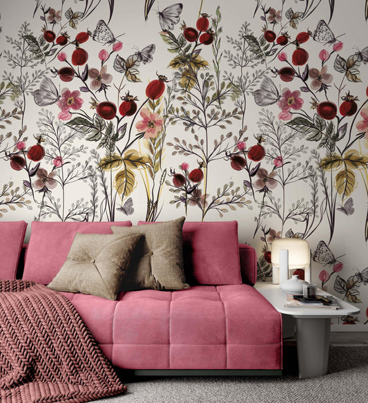 Elegant Modern Wallpaper with Vintage Style Floral Pattern, Bohemian Wallpaper, Claret Wallpaper, Berries and Butterflies Wallpaper