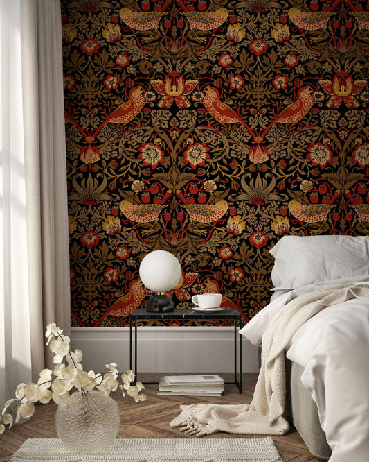 William Morris Eden Birds Wallpaper, Vintage Nature Wallpaper, Romantic Wall Mural, Peel and Stick Wallpaper, Drawing Art Wallpaper