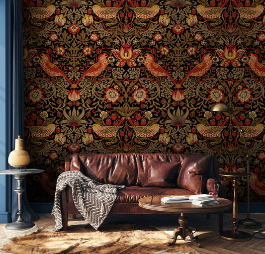 William Morris Eden Birds Wallpaper, Vintage Nature Wallpaper, Romantic Wall Mural, Peel and Stick Wallpaper, Drawing Art Wallpaper
