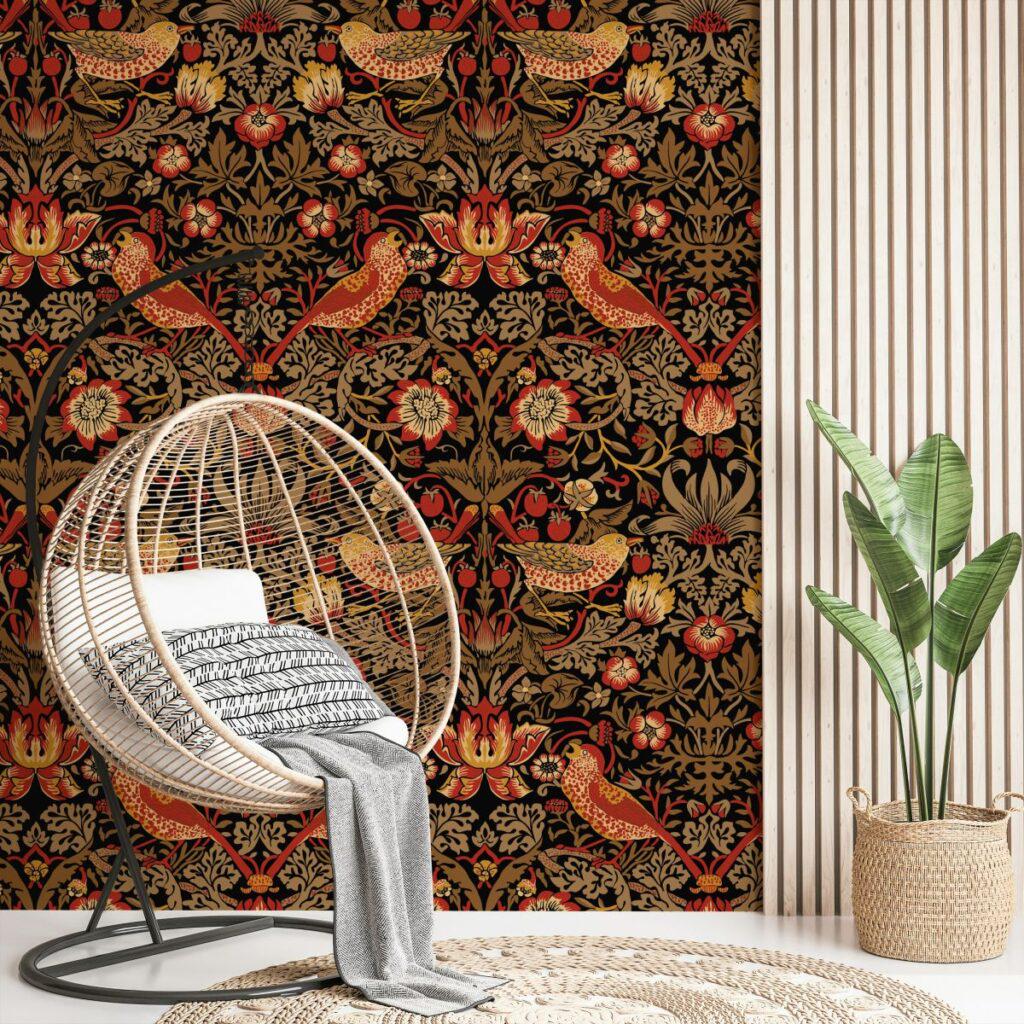 William Morris Eden Birds Wallpaper, Vintage Nature Wallpaper, Romantic Wall Mural, Peel and Stick Wallpaper, Drawing Art Wallpaper