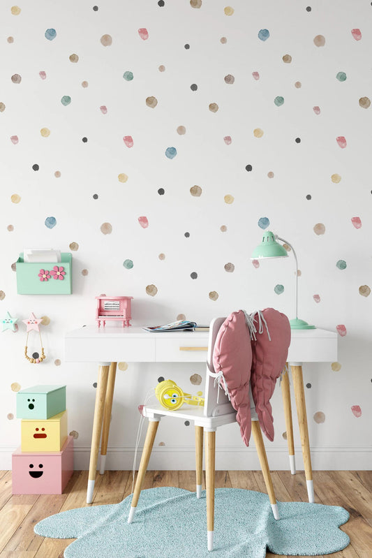 Colorful Polka Dot Pattern on a White Background Kids Wallpaper, Child Wallpaper, Bright Wallpaper Nursery, Funny Baby Room Wallpaper