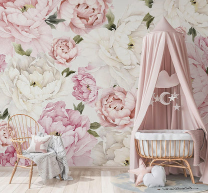 Pink and White Peony Flowers Wallpaper, Floral Wallpaper, Colourful Romantic Wall Mural, Peel and Stick Wallpaper, Spring Themed Wallpaper