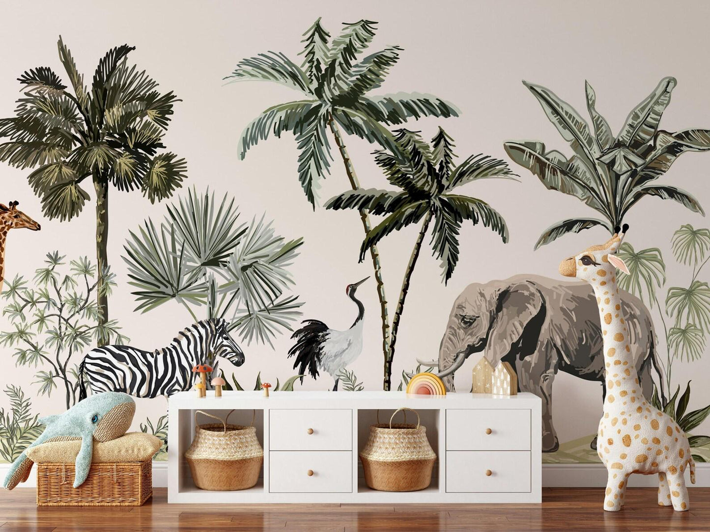 Tropical Jungle Kids Wallpaper, Wildlife Elephant Giraffe Zebra Wallpaper for Kidsroom, Safari Child Wallpaper, Jungle Wallpaper Nursery