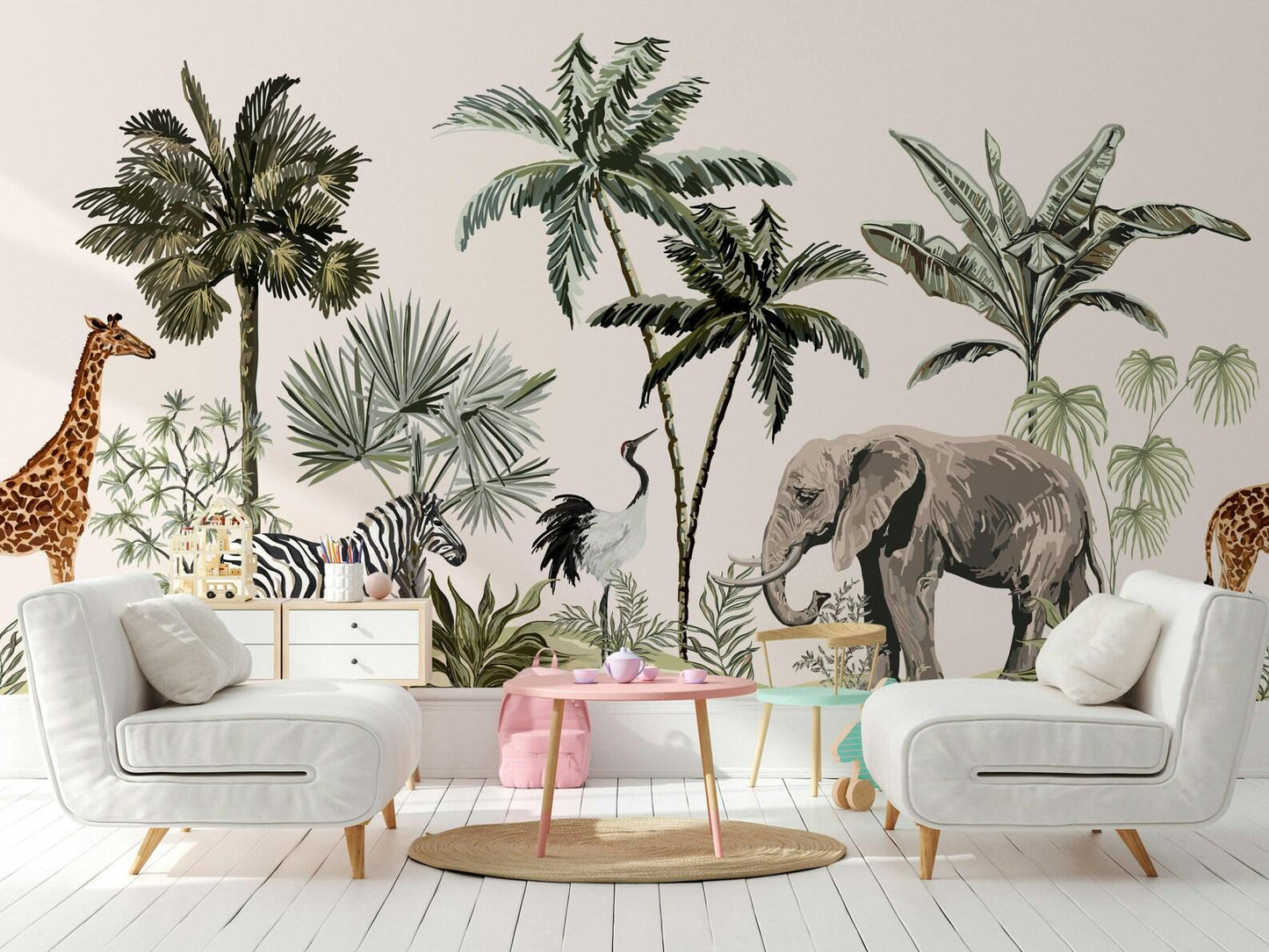 Tropical Jungle Kids Wallpaper, Wildlife Elephant Giraffe Zebra Wallpaper for Kidsroom, Safari Child Wallpaper, Jungle Wallpaper Nursery