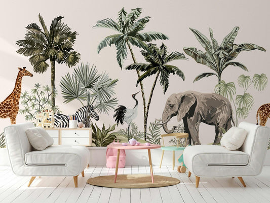 Tropical Jungle Kids Wallpaper, Wildlife Elephant Giraffe Zebra Wallpaper for Kidsroom, Safari Child Wallpaper, Jungle Wallpaper Nursery