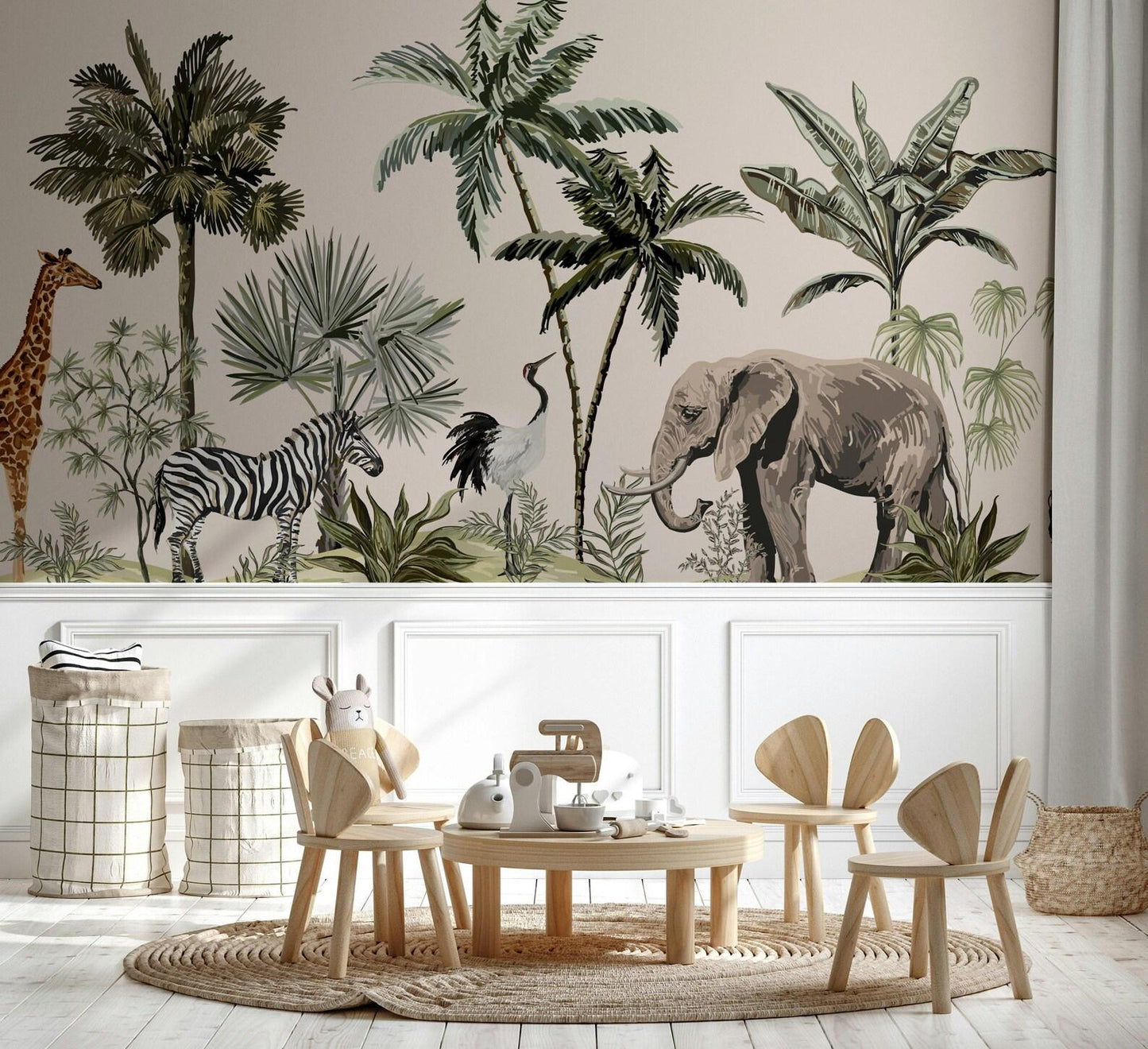 Tropical Jungle Kids Wallpaper, Wildlife Elephant Giraffe Zebra Wallpaper for Kidsroom, Safari Child Wallpaper, Jungle Wallpaper Nursery